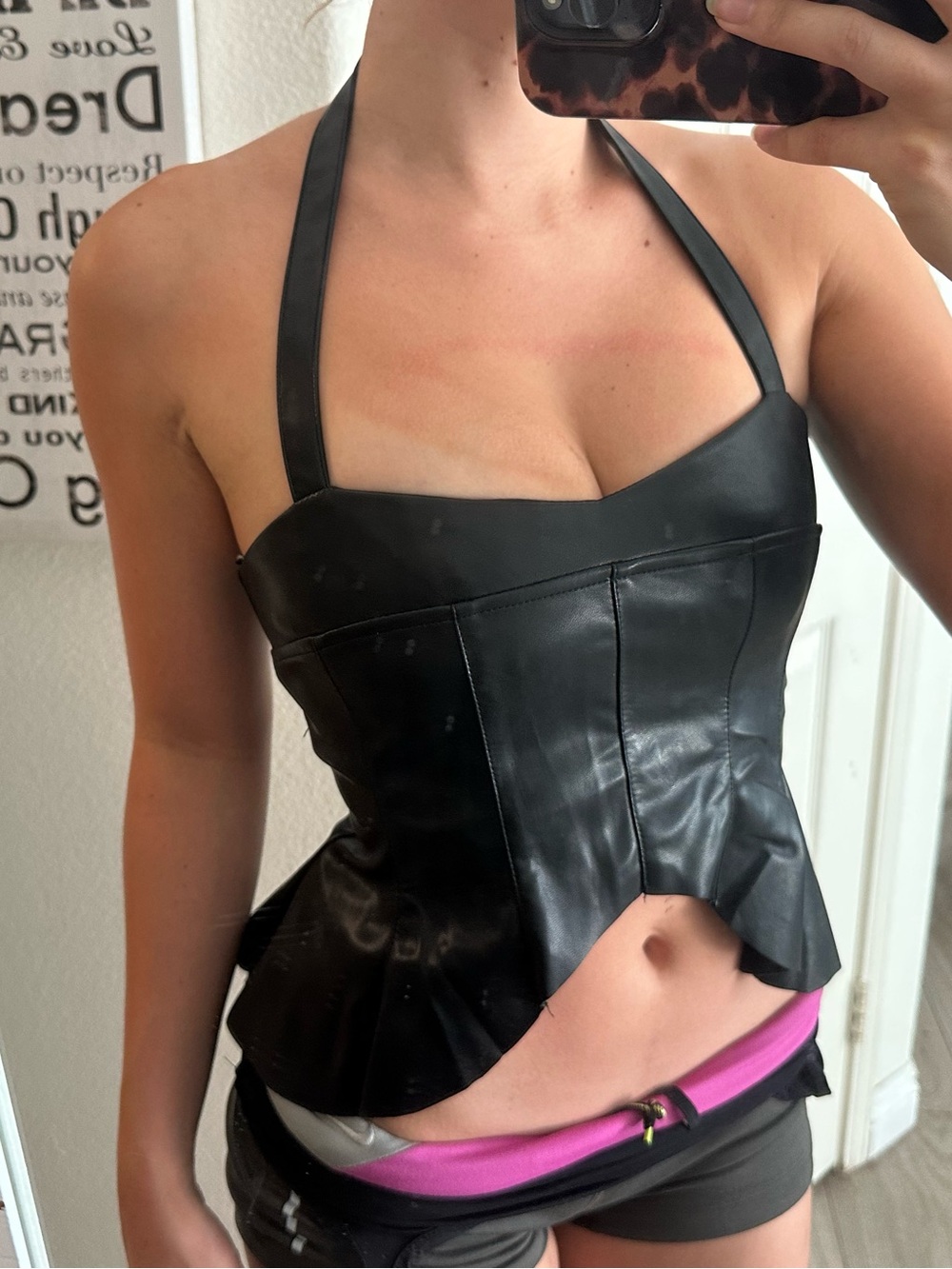 Black Faux Leather Halter Peplum Top